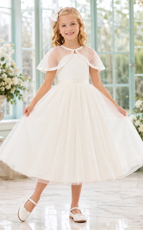 Weißes, transparentes Cape-Kleid aus Tüll mit Schleife, formelles Kommunions-Blumenmädchenkleid