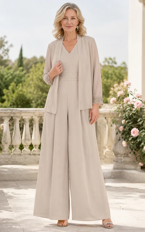 Mother Champagne Chiffon Jumpsuit with V-Neck Side Drape Jacket and Floor Length Pants
