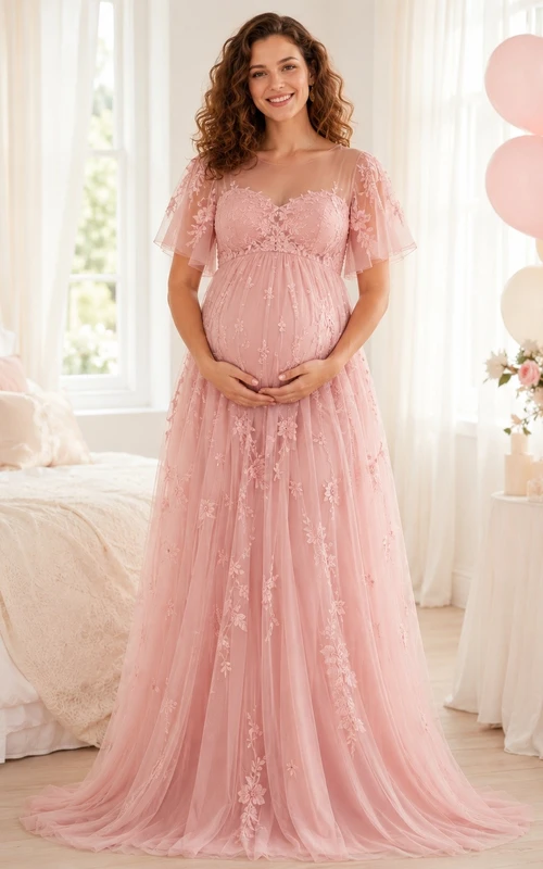 Vestido de noche de maternidad largo hasta el suelo, de corte A, con encaje, tul, cuello cuadrado y mangas cortas, color rosa rubor.