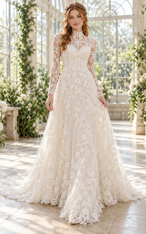 Modest Long Sleeve High Neck Floral Lace A-Line Wedding Dress