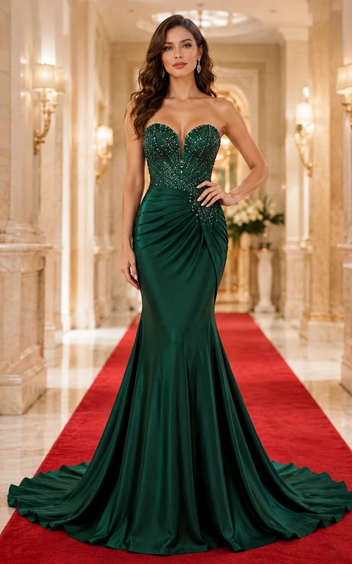 Emerald Strapless Crystal Bodice Mermaid Gala Evening Gown