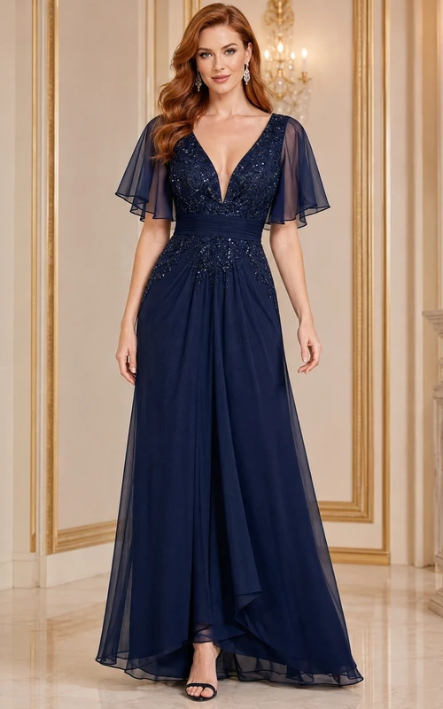 Dark Navy V-Neck Flutter Sleeve Beaded Chiffon A-Line Formal Evening Dress