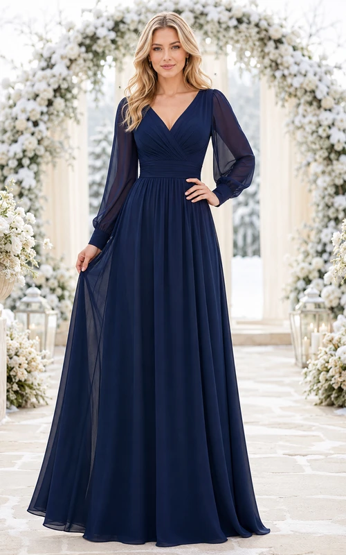 Dark navy V neck chiffon long sleeve winter bridesmaid dress