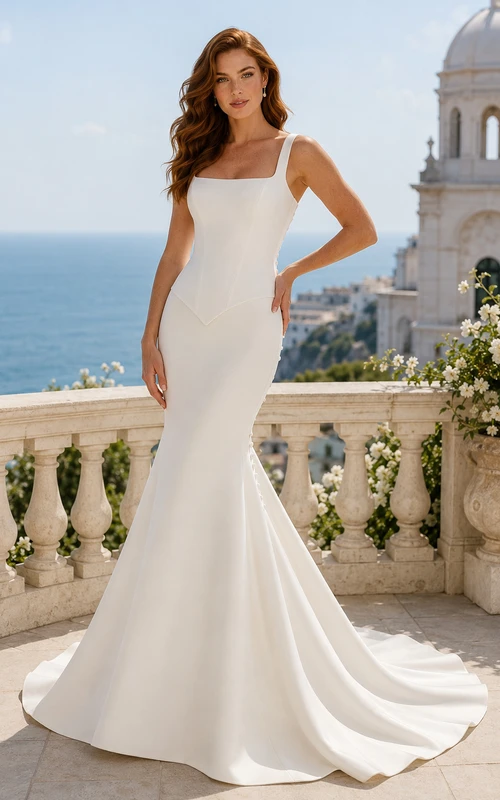 Robe de mariée sirène en satin à encolure carrée et traîne balayée