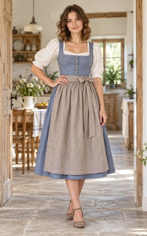 Robe Dirndl vintage bleu acier à col carré et manches bouffantes