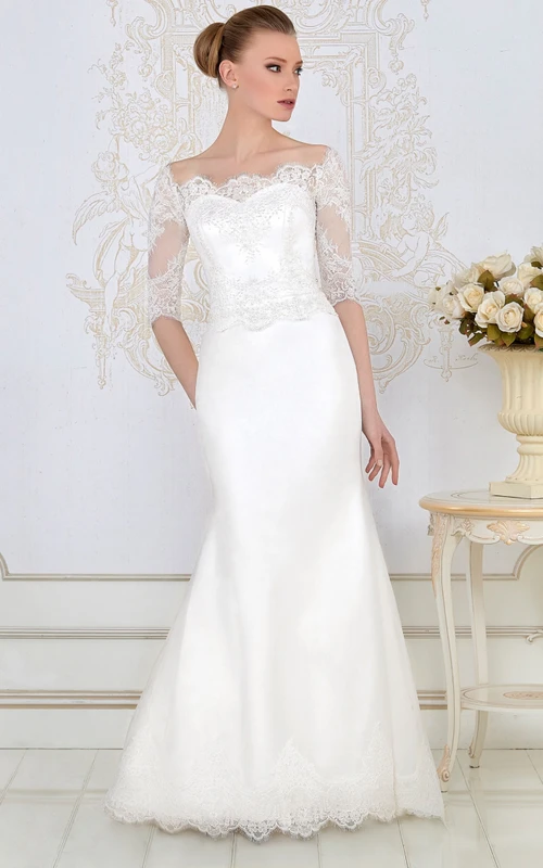 Etuikleid, bodenlang, mit Applikationen, U-Boot-Ausschnitt, halben Ärmeln, Spitze und Satin, Brautkleid