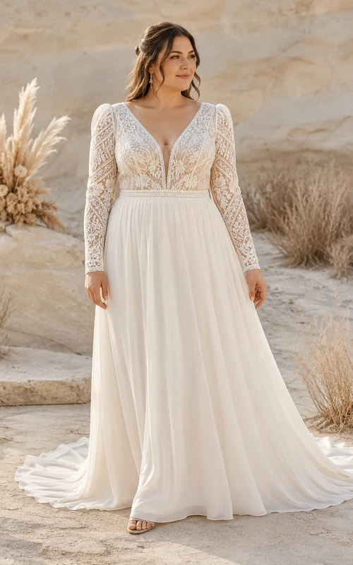 Vestido de novia de gasa de corte A con escote en V y mangas largas de encaje, talla grande.