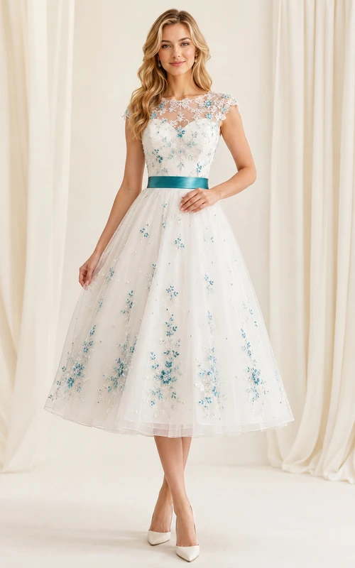 Vestido de novia de tul de corte A con escote barco y mangas cortas, largo hasta la rodilla, estampado floral en color verde azulado.