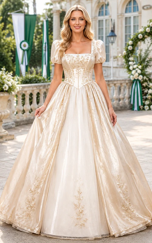 Elegantes, champagnerfarbenes Ballkleid aus Spitze, bodenlang, mit eckigen Puffärmeln
