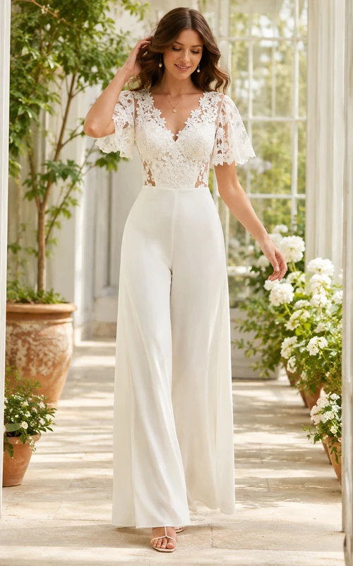 Romantic V Neck Flutter Lace Sleeve Wide Leg Garden Wedding Jumpsuit