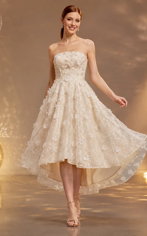 Champagne Strapless Floral High-Low Sequin A-Line Cocktail Dress