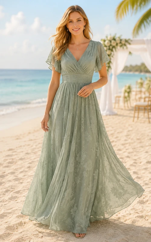 Sage V-Neck Lace Chiffon A-Line Beach Dress