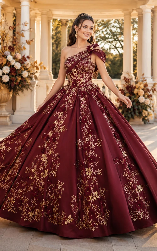 Vestido de quinceañera de satén dorado con estampado floral y un solo hombro, corte princesa, estilo princesa, con cola larga, color borgoña, ideal para otoño.