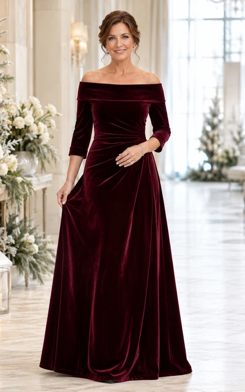 Burgundy velvet off shoulder three quarter sleeve mother gown