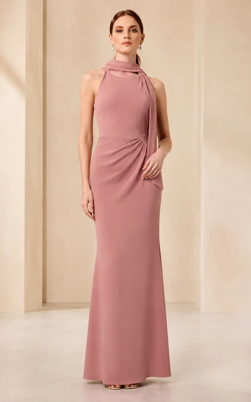 Dusty Rose Scarf Neck Satin Column Gown