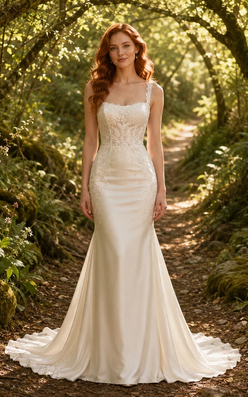 Brautkleid im Landhausstil aus Satin, Meerjungfrauen-Stil, Spaghettiträger, bodenlang, tiefer V-Ausschnitt