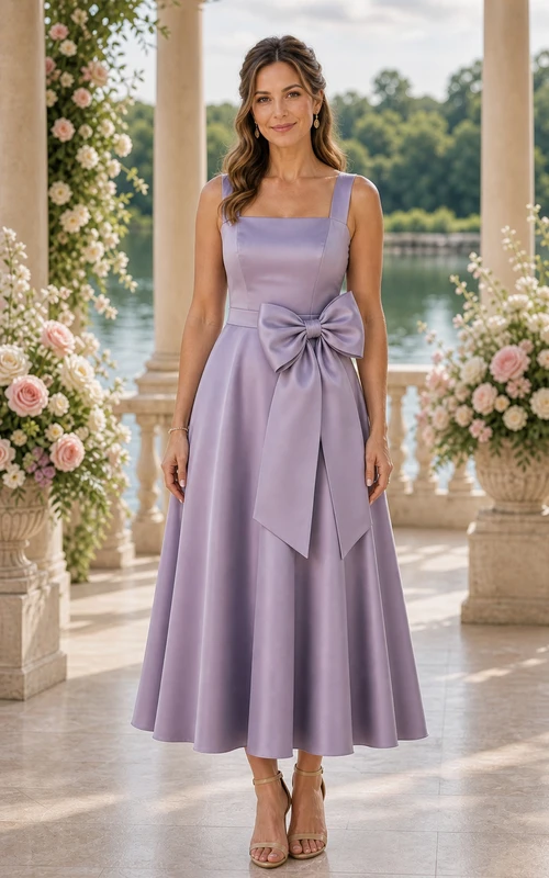 Robe mi-longue en satin lavande à encolure carrée et nœud