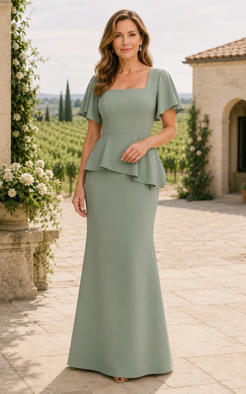 Salbeigrünes Meerjungfrauen-Kleid mit eckigem Ausschnitt aus Stretch-Satin