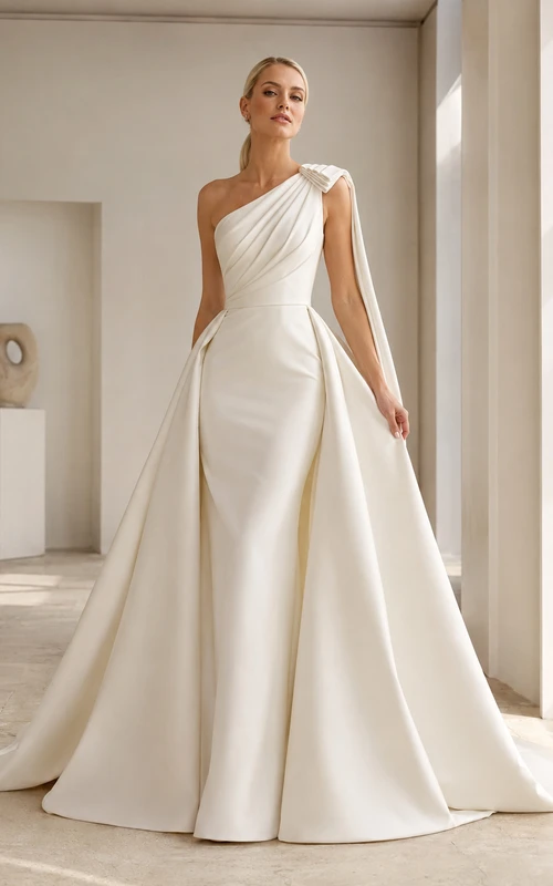 Minimalist Satin Wedding Dress A-Line One Shoulder Sleeveless Sweep Train Bridal Gown