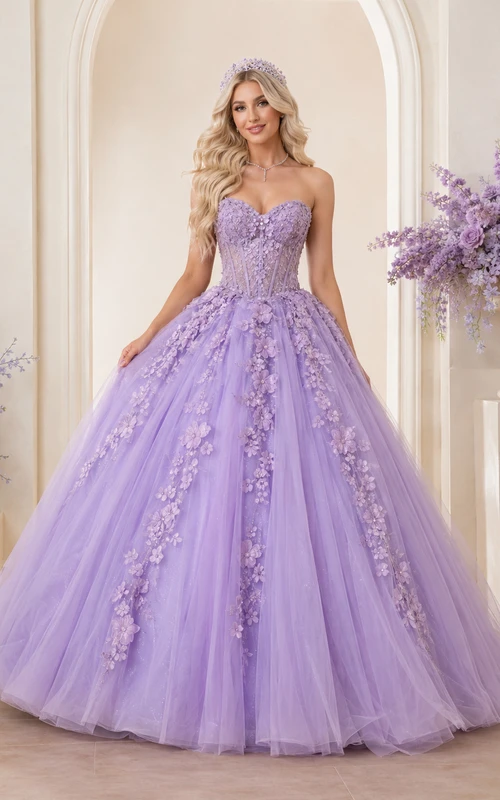 Lavender Luxury Strapless Sweetheart Three Dimensional Floral Tulle Princess Quinceanera Ball Gown