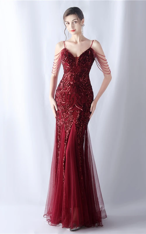 Vestido de noche de alta gama con estampado floral, cuentas y malla artesanal 3034
