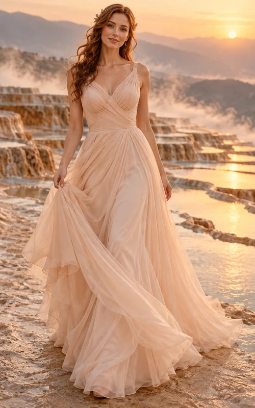 Vestido de novia sencillo de gasa plisada con escote en V color rosa empolvado y corte en A