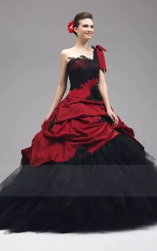 Ballkleid aus Taft und Tüll, schulterfrei, ärmellos, bodenlang, mit Applikationen und Rüschen