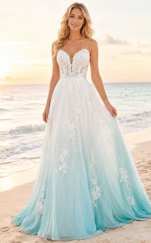 Türkisfarbenes A-Linien-Brautkleid mit herzförmigem Ausschnitt, Tüll, floralem Muster und Boho-Stil für Strandhochzeiten