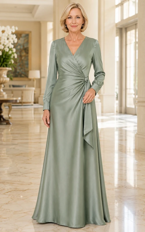 MOB-Kleid aus salbeifarbenem Satin, A-Linie, lange Ärmel, V-Ausschnitt, bodenlang, Rüschenbesatz