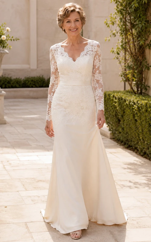 Romantic Mature Bride Mermaid Floral Lace Long Sleeve Sweep Train Wedding Gown