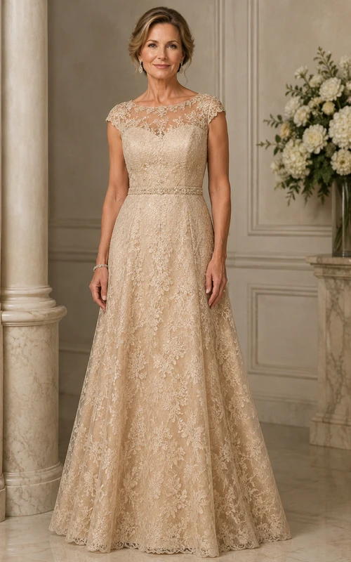 Vestido de novia de corte A con encaje y mangas cortas color champán