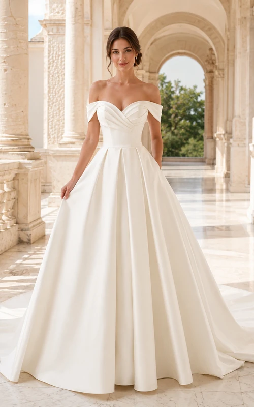 Robe de mariée classique en satin, épaules dénudées, traîne chapelle et jupe ample