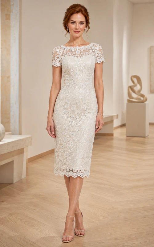 Ivory Bateau Sweetheart Illusion-Lace Cap-Sleeve Vintage Tea Cocktail Sheath Dress