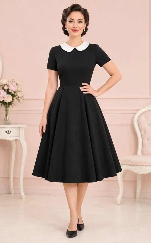 Vintage Black Jewel Neck Short Sleeve Contrast Collar A-Line Tea-Length 1950s Dress