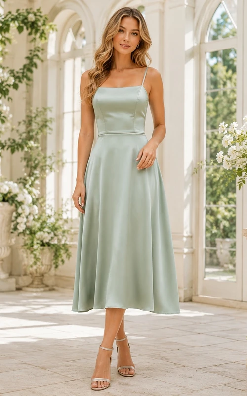 Tea-length A-Line Spaghetti Celadon Satin Bridesmaid Guest Dress