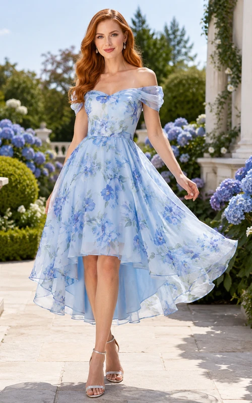 Robe de jardin en organza bleu à fleurs, épaules dénudées et coupe asymétrique, style garden-party