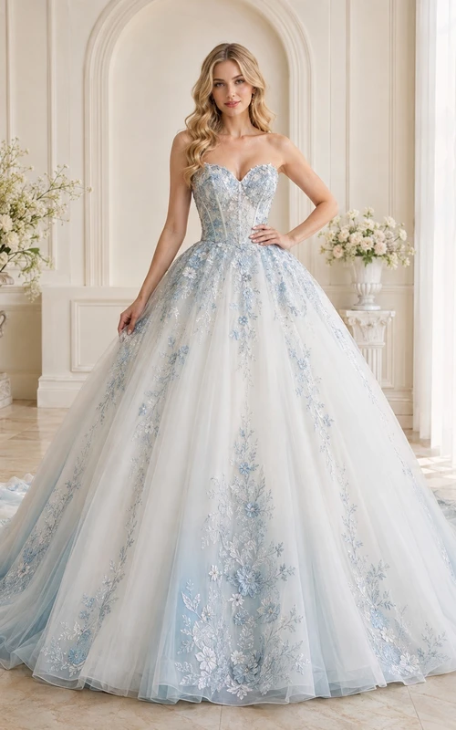 Nebelblaues, leuchtendes Ballkleid, ärmellos, romantisches Tüll-Hochzeitskleid mit Herzausschnitt