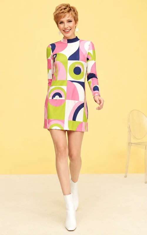 Robe fourreau mini abstraite vintage multicolore à manches longues et à motifs géométriques géométriques.