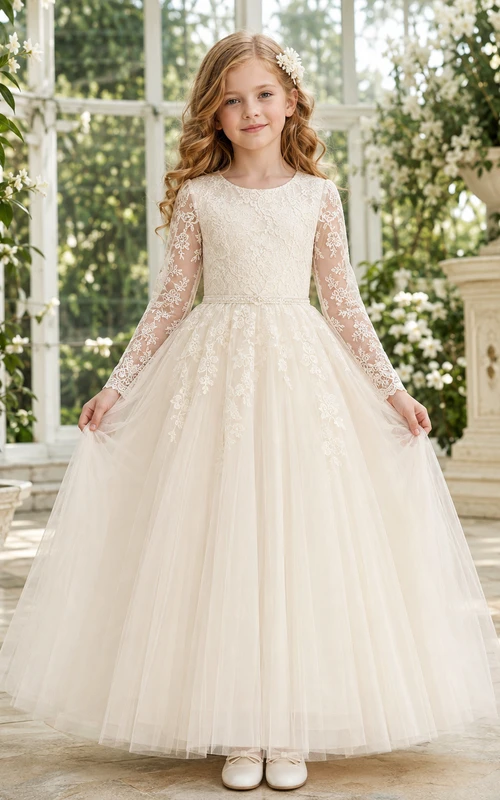 Modest Long Sleeve Lace Ankle-Length Ball Gown Flower Girl Garden Wedding Tulle Dress