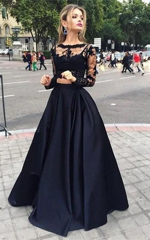 Vestidos de gala largos de satén con mangas largas y escote barco.