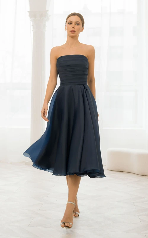 Strapless Chiffon Ruched Dark Navy Tea-length Dress