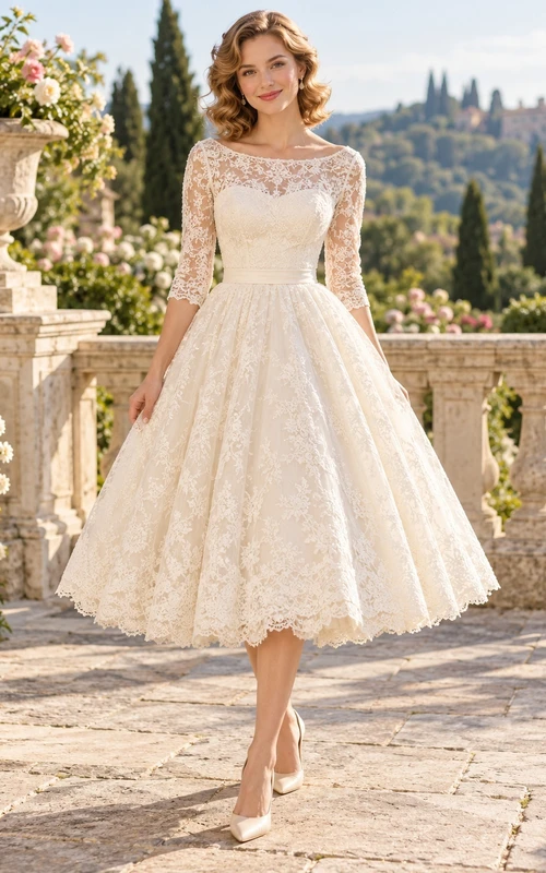 Vintage Tea-length Bateau Neck Lace Three Quarter Sleeve Wedding Dress