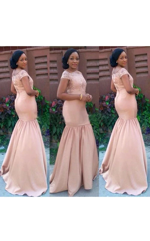 Cap-sleeved Long Trumpet Dress with Lace and Illusion