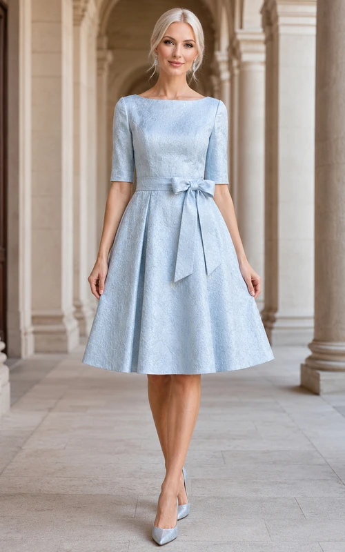 Robe bleu ciel à manches bateau, nœud papillon, plissée en satin, coupe trapèze, genou, ajustée