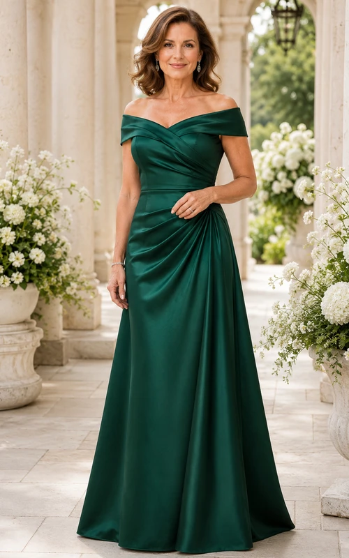 Dunkelgrünes schulterfreies A-Linien-Kleid aus Satin für Mütter