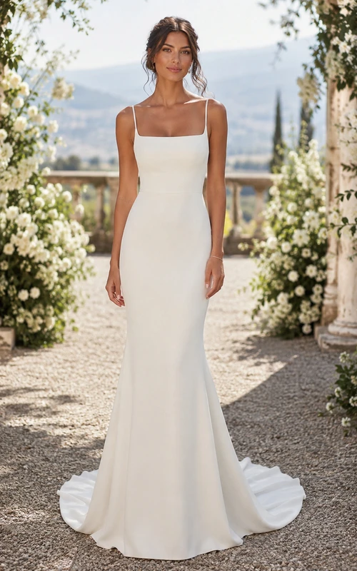 Spaghettiträger-Brautkleid im Meerjungfrauenstil aus Crêpe mit eckigem Ausschnitt, Knopfleiste am Rücken und Schleppe