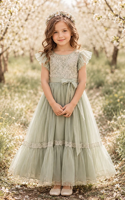 Vestido de niña de las flores color verde salvia, encaje, tul, corte en A, manga corta, cuello joya, largo hasta el suelo, detalle de lazo, falda escalonada