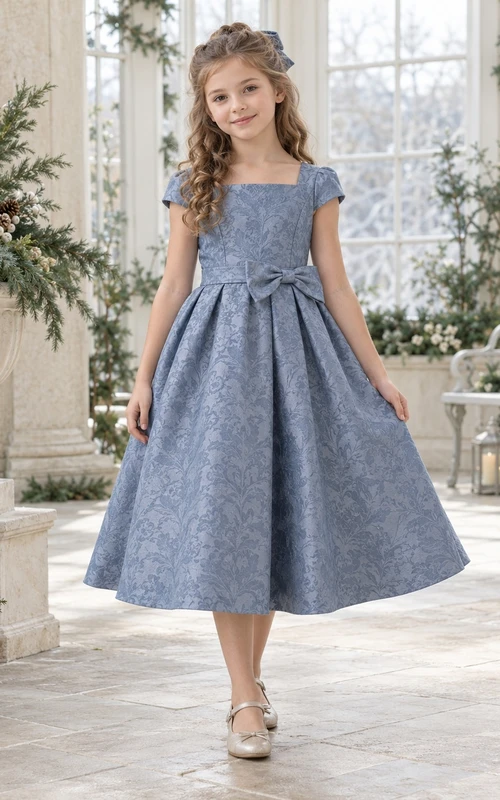 Staubblaues, eckiges Brokatkleid mit kurzen Ärmeln und Schleife für Blumenmädchen