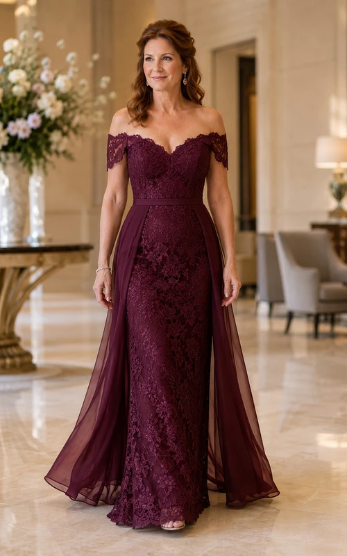 Burgunderfarbenes schulterfreies Meerjungfrauen-Kleid aus Spitze mit Tüllüberrock
