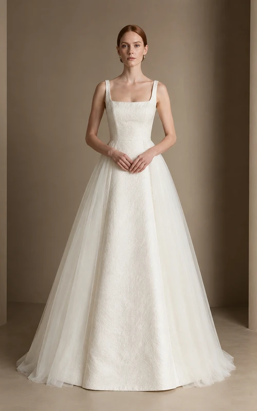 Vestido de novia de satén con escote cuadrado, tirantes y cola larga.